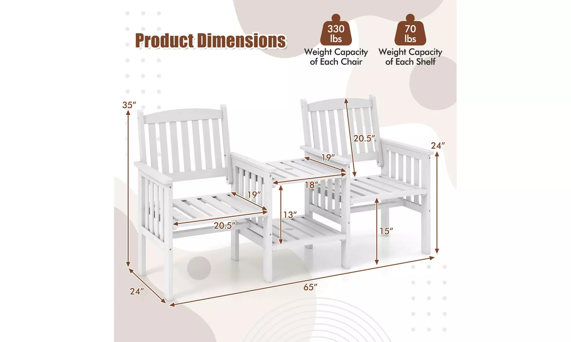 Costway Outdoor Fir Wood Loveseat with 2-Tier Side Table and 1.96" Umbrella Hole