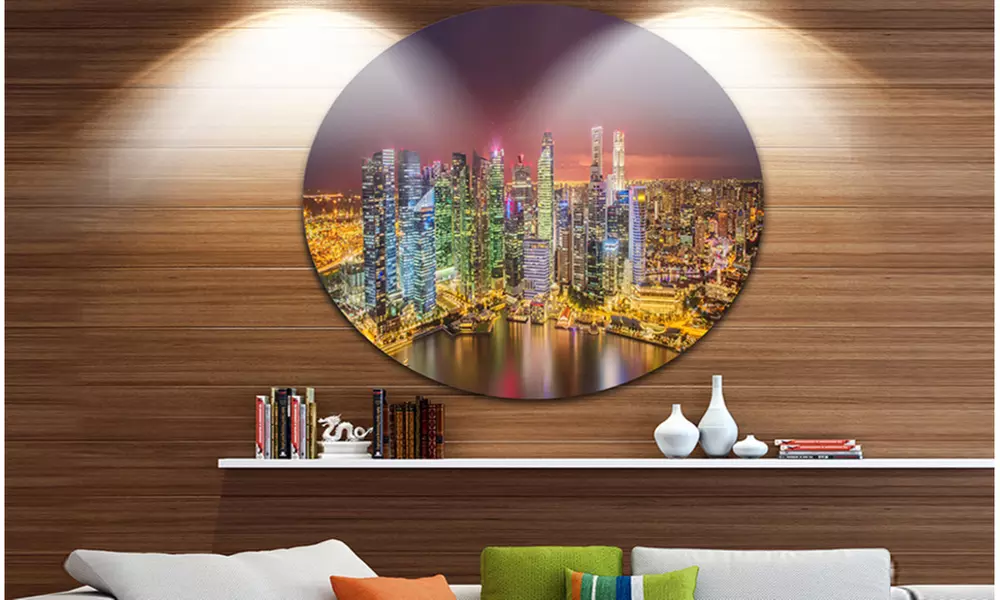 Singapore Skyline View of Marina Bay' Ultra Glossy Cityscape Circle Wall Art - Primary Image