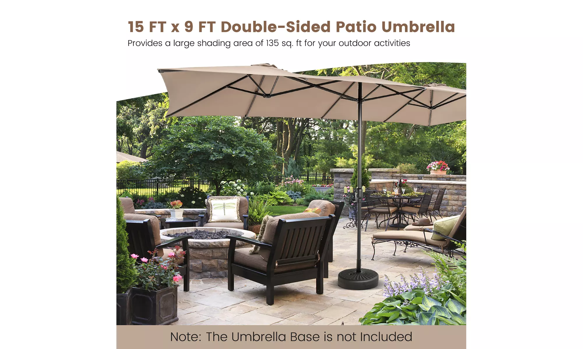 Costway 15FT Double-Sided Patio Market Umbrella Large Crank Handle Vented