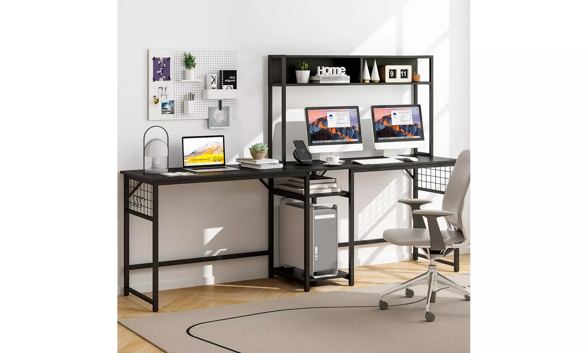 L-shaped Desk with Power Outlet Large Corner Desk Converts to 2-Person Long Desk