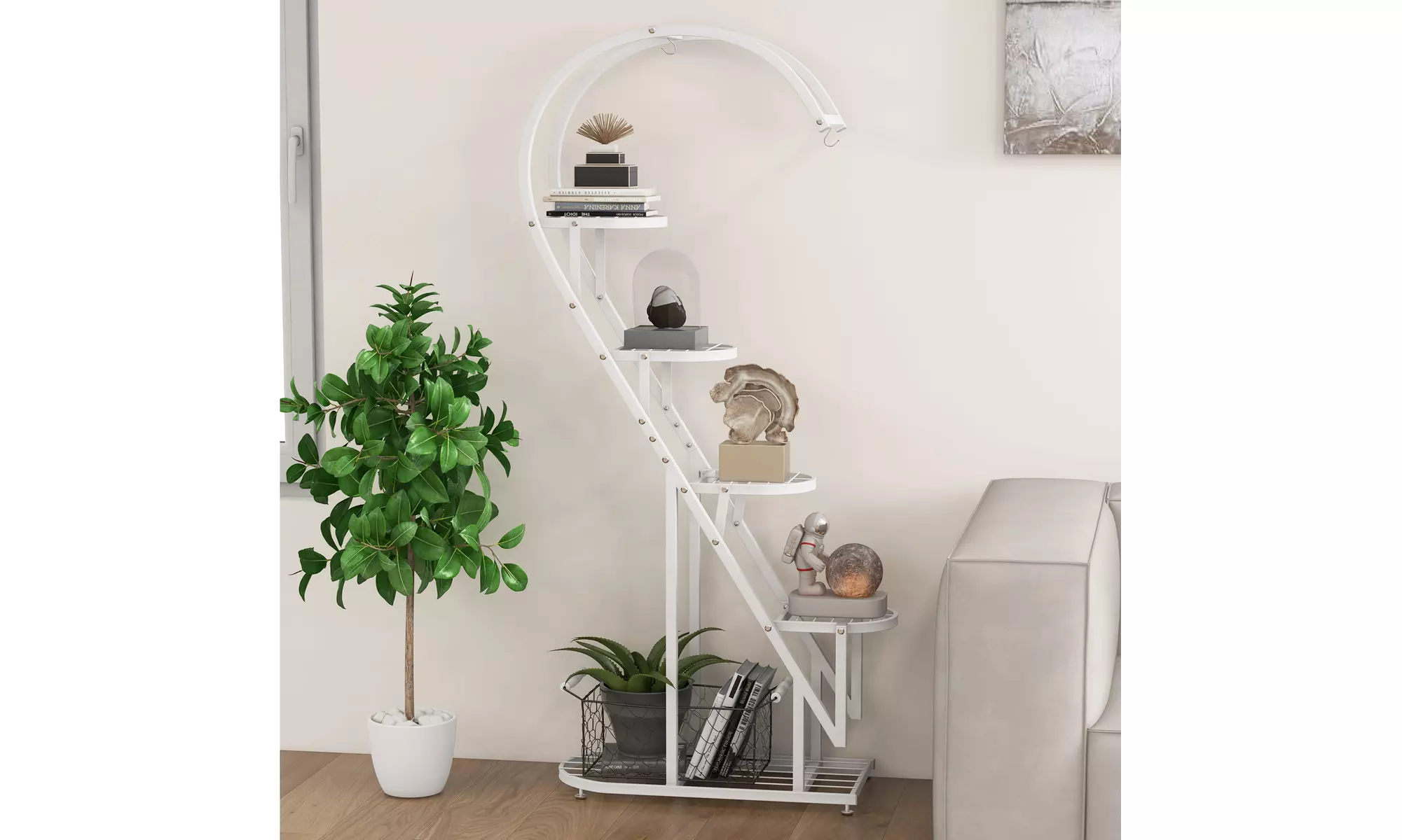 5 Tier Metal Plant Stand Heart-shaped Shelf w/ Hanging Hook for Multiple Plants