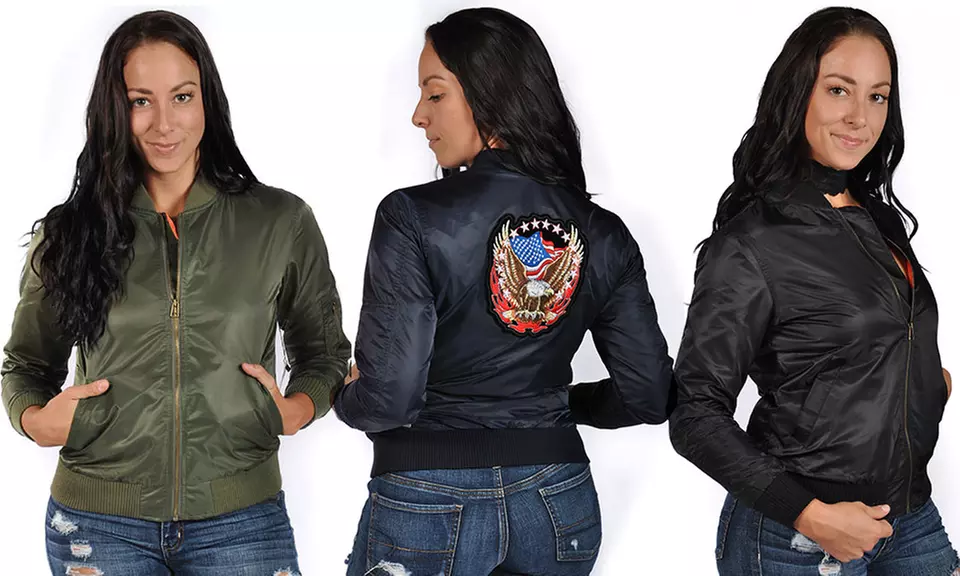Womens Bomber Jacket with Flying Eagle and Flag Patch - Primary Image