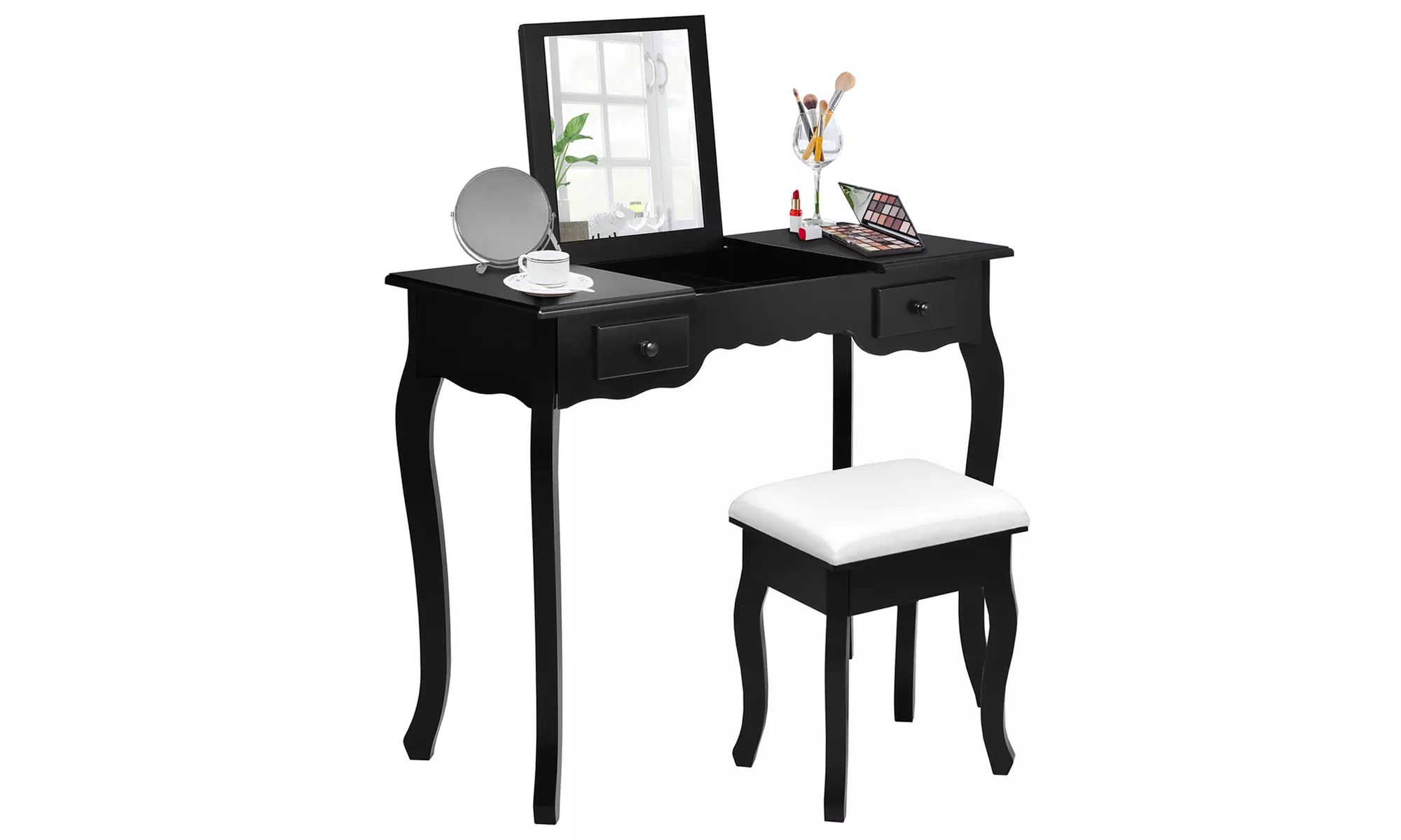 Vanity Dressing Table Set Mirrored bathroom W/Stool Table Desk White/Black - Primary Image