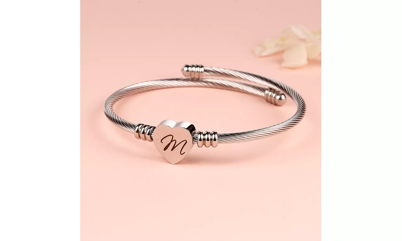 Twisted Steel Heart Cable Initial Bracelet