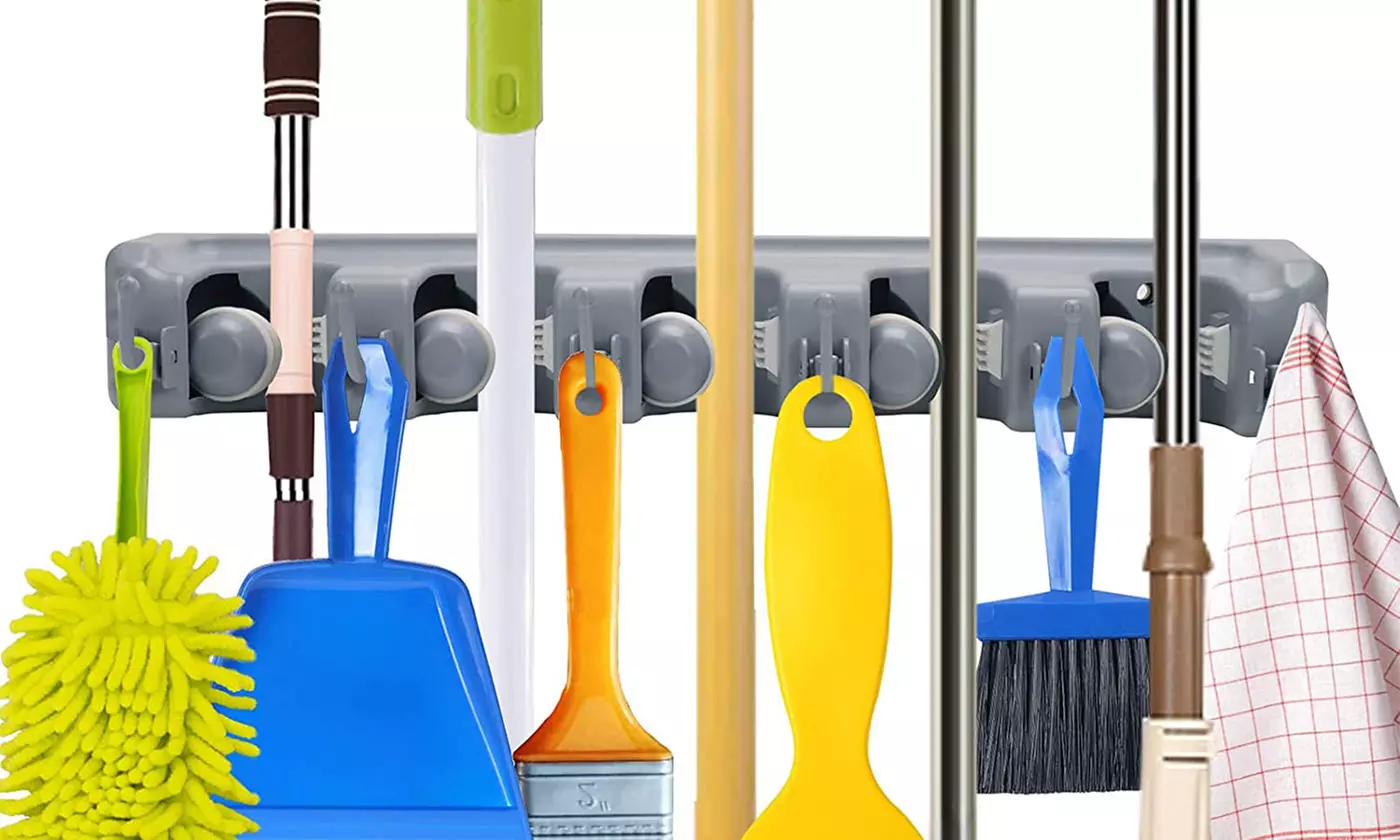 iMounTEK Wall Mount Mop Broom Holder with 5 Slots and 6 Utility Hooks