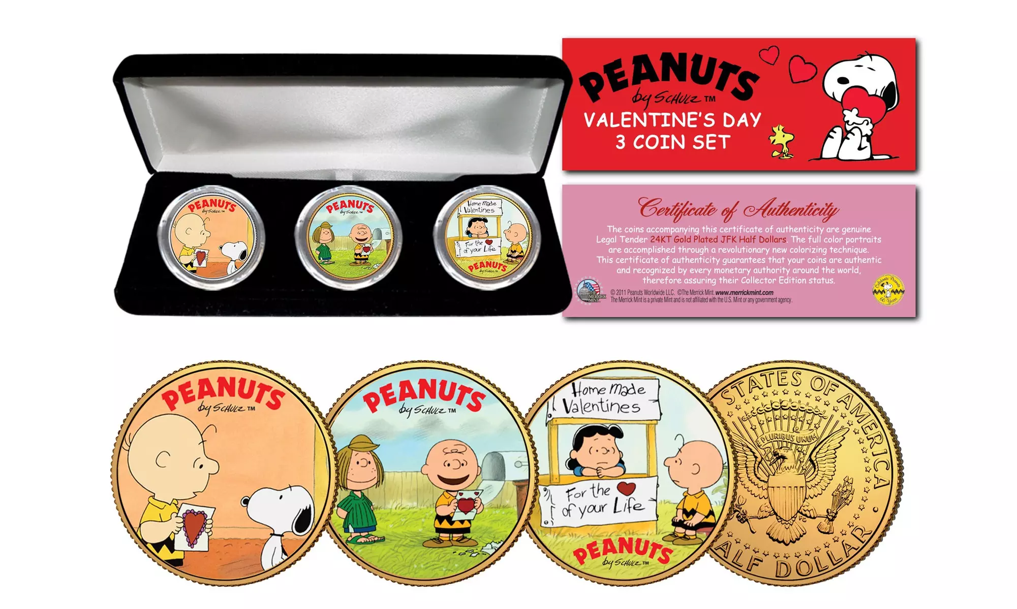 PEANUTS Valentine Snoopy Charlie Brown 24K Gold JFK Half Dollar 3-Coin Set BOX - Primary Image