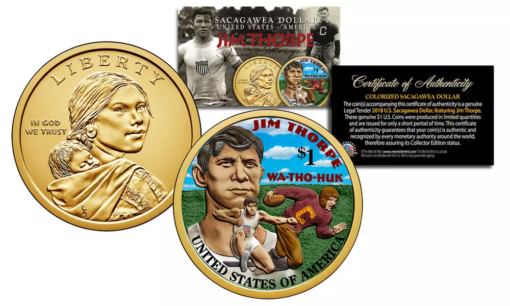 2018 Native American Sacagawea Jim Thorpe Colorized Genuine One-Dollar Coin - Second Medium