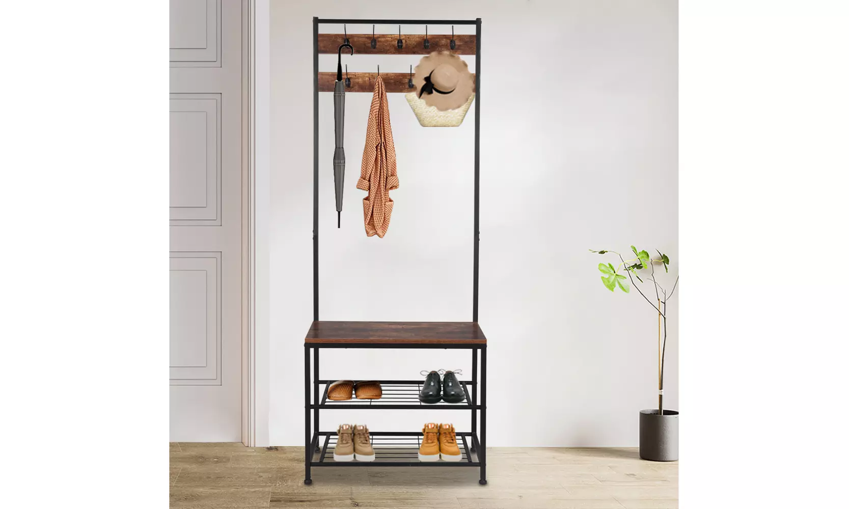Industrial Coat Rack,Hall Tree Entryway Shoe Bench with Metal Frame - Second Medium