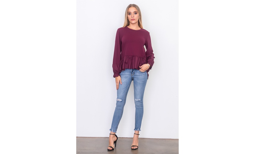 Image 2: Contrast Woven Ruffle Sleeve Round Neck Top