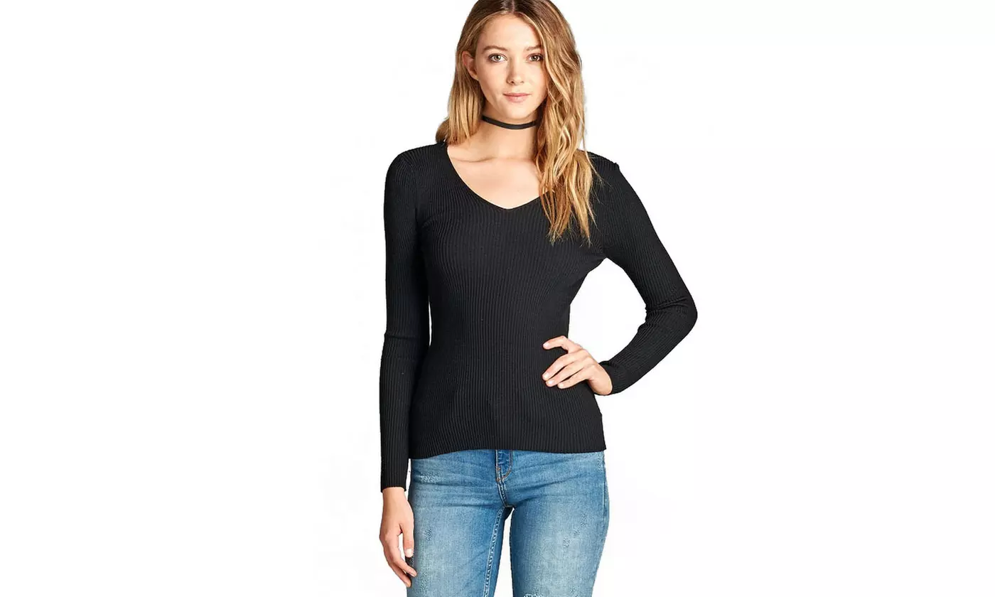 Ladies fashion long sleeve v-neck fitted rib sweater top - Primary Image