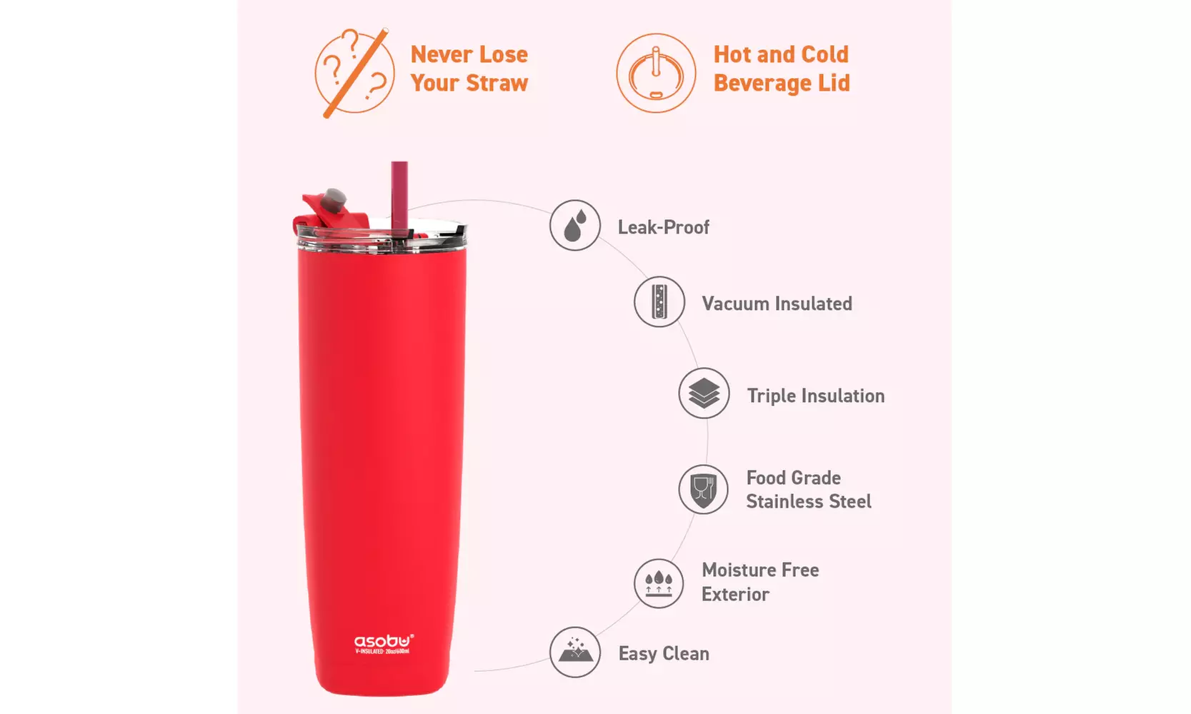 Asobu Aqualina 20oz Insulated Tumbler Water Bottle with Leakproof Lid and Straw