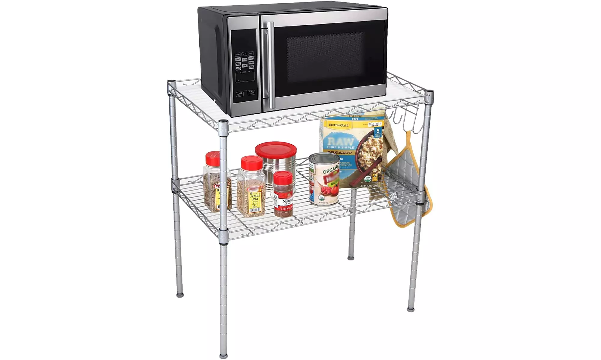 Microwave Oven Rack Shelving Unit, 2-Tier Storage Unit with 6 Hooks - Primary Image