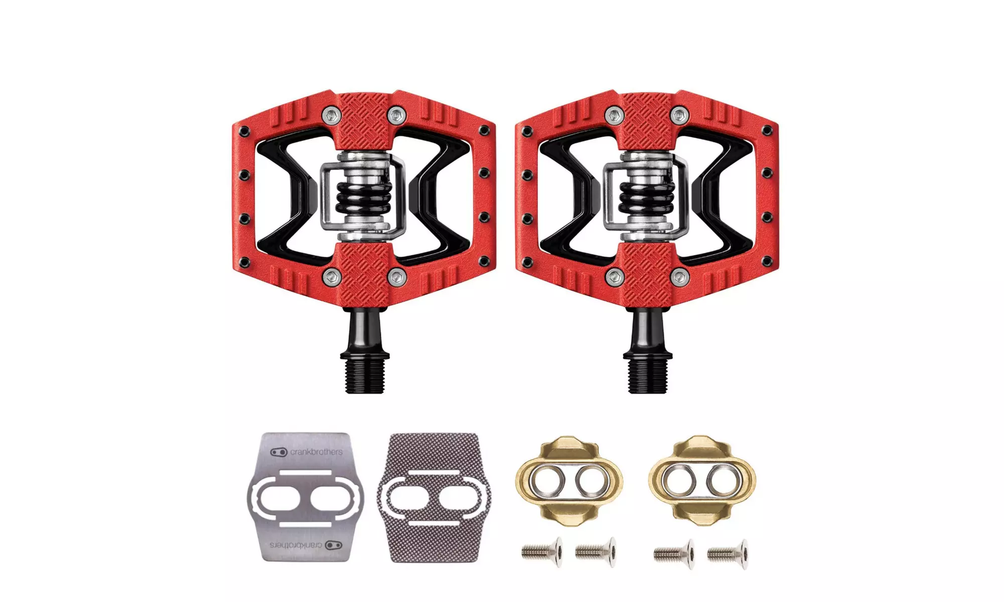 Crankbrothers Double Shot 3 Bike Pedals (Red/Black) with Cleats and Shoe Shields - Primary Image
