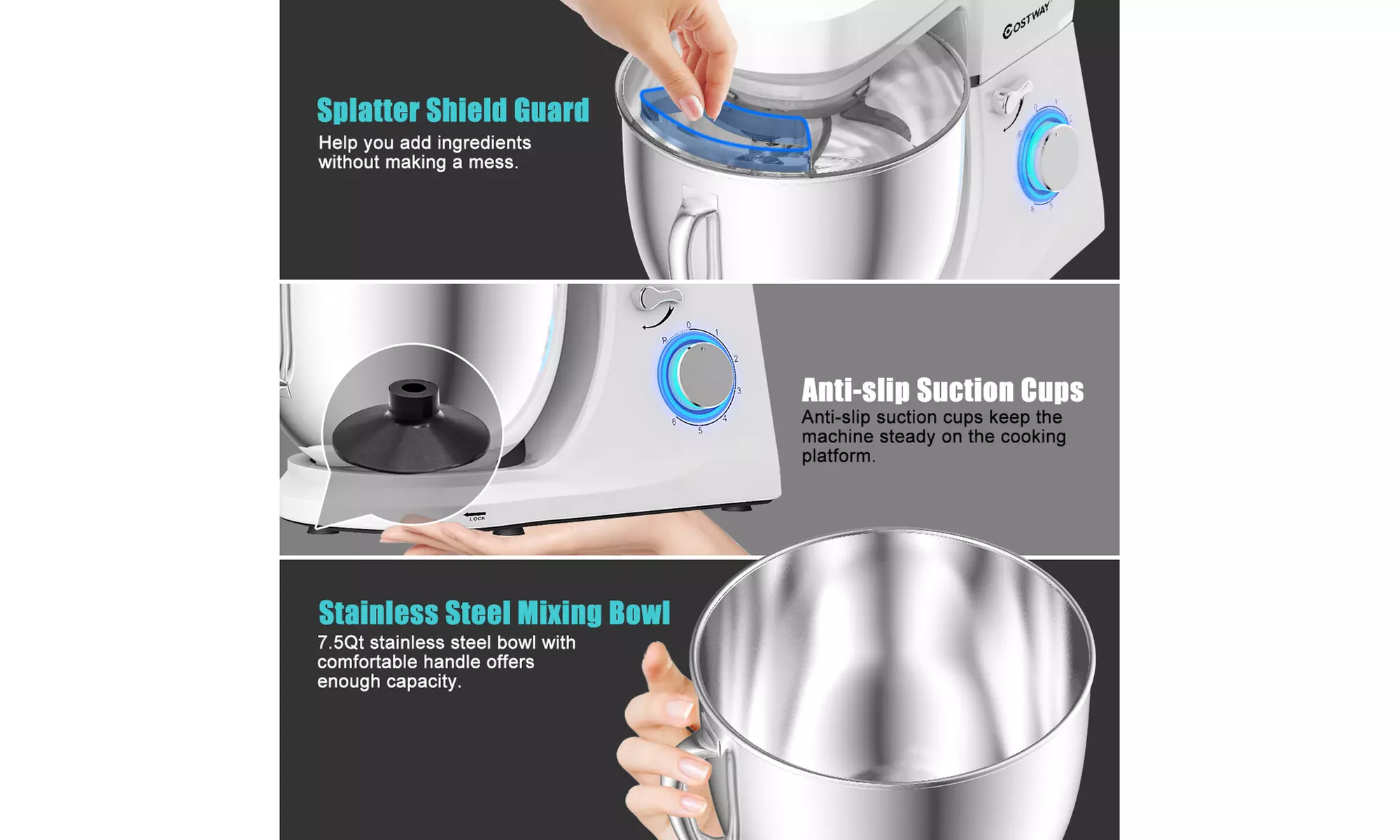 Costway Electric Food Stand Mixer 6 Speed 7.5Qt660W Tilt-HeadStainless