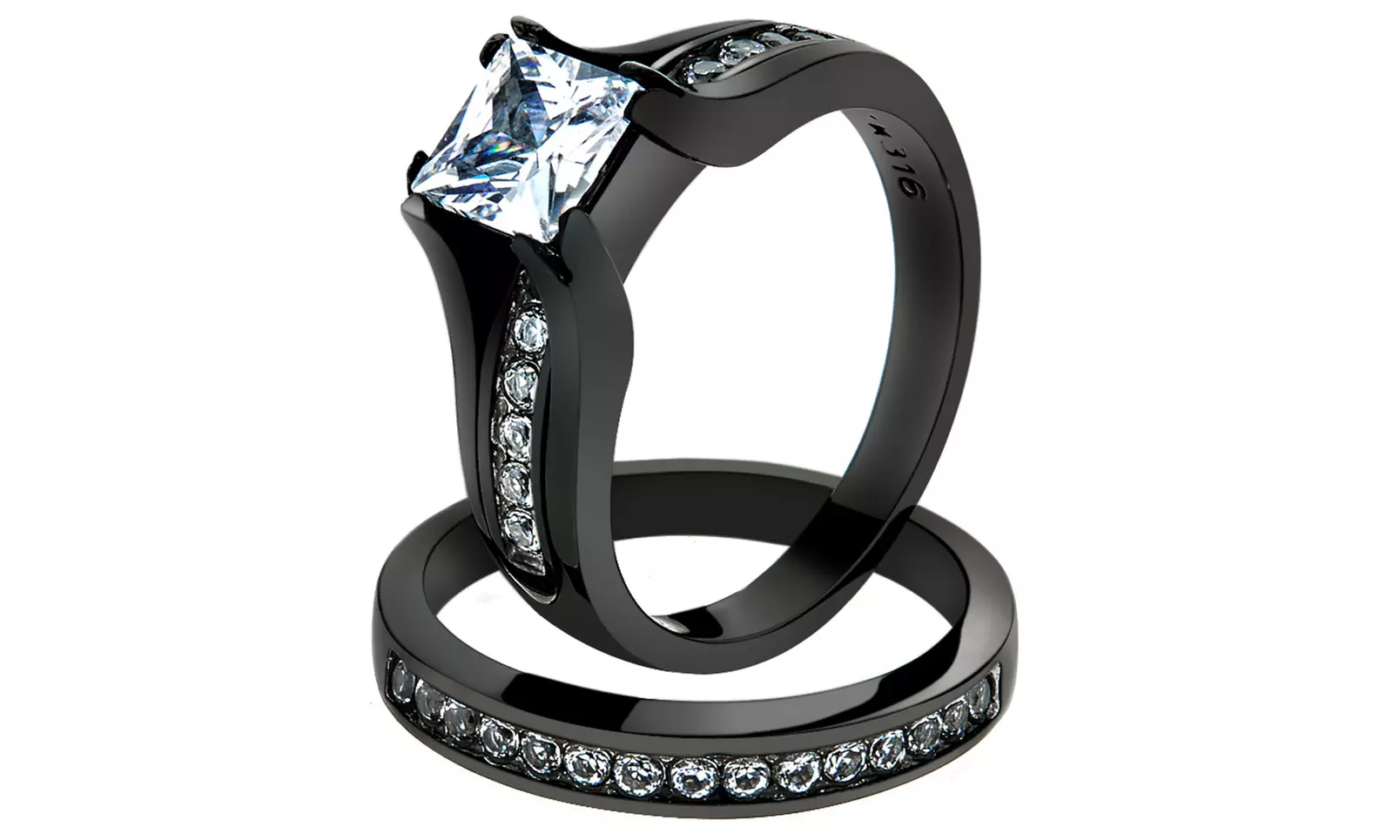2.10ct Princess Cut Cubic Zirconia and Black Stainless Steel Wedding Ring Set