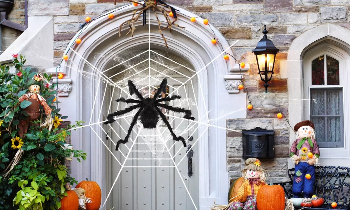 Halloween Long Black Hairy Spider Decoration with Spider Web (49" or 59" Spider)