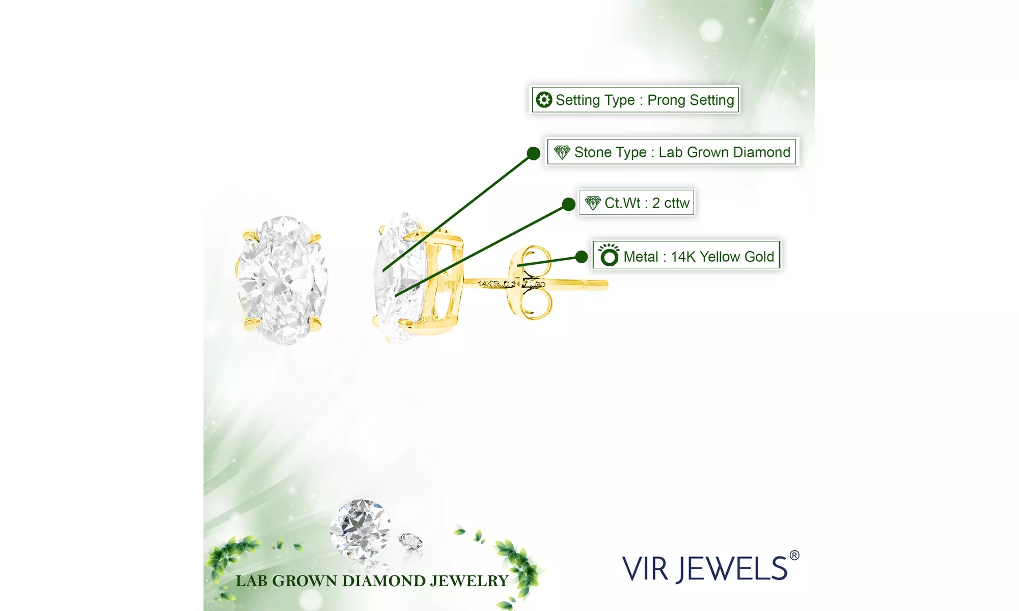 Lab Grown Diamond Stud Earrings Oval Shape in 14K Gold With Butterfly Push Backs