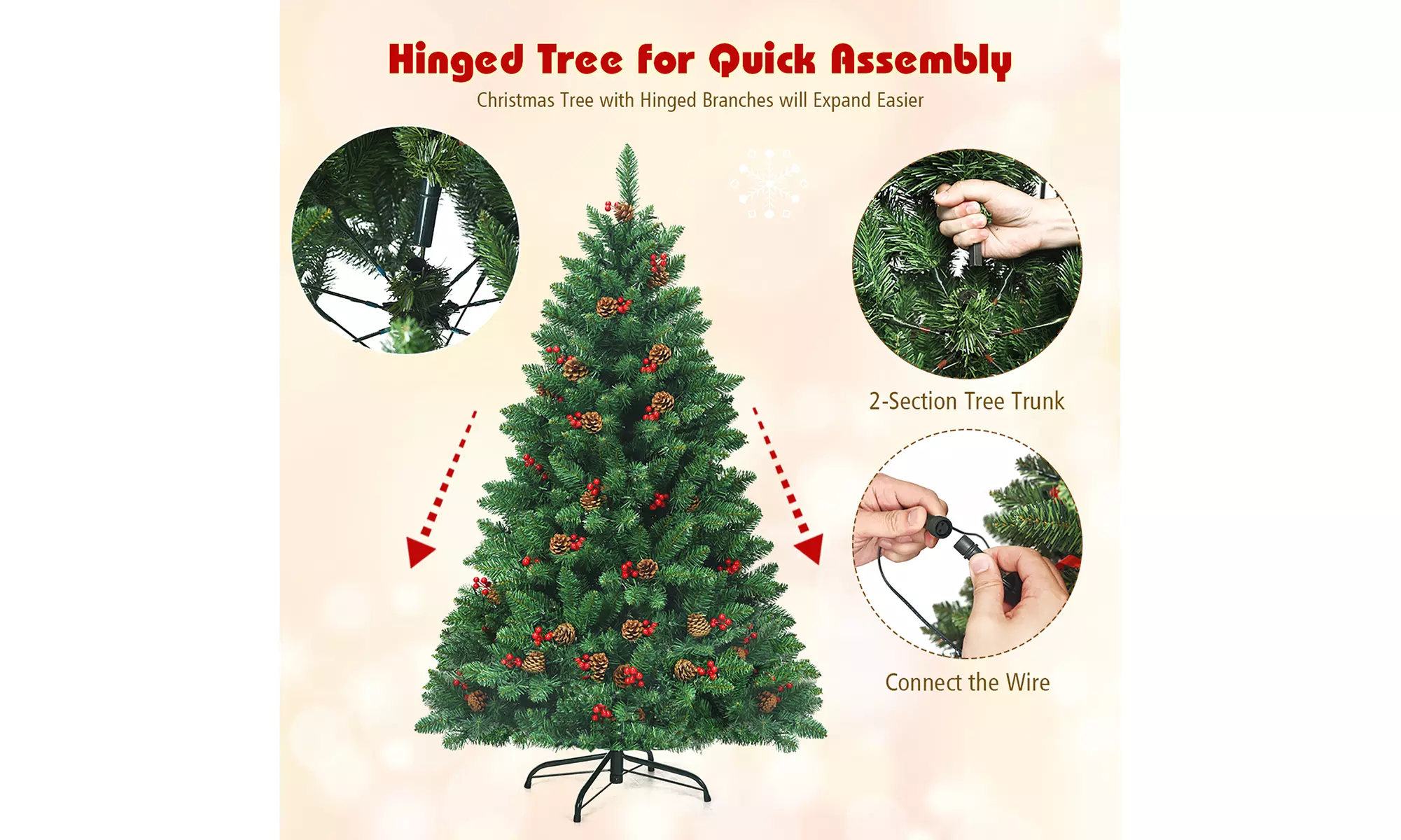 Costway 4.5Ft Pre-lit Hinged Christmas Tree w/ Pine Cones Red Berries