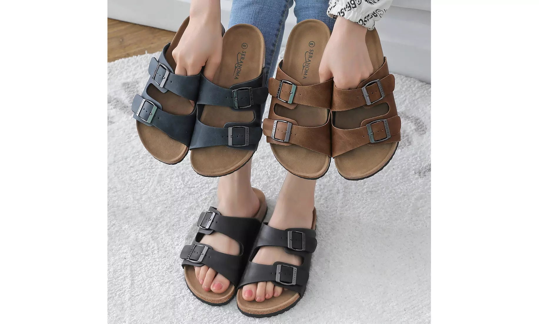 Seranoma Women's Comfort Open Toe Double Strap Footbed Flat Slide Slip On Sandal - Primary Image