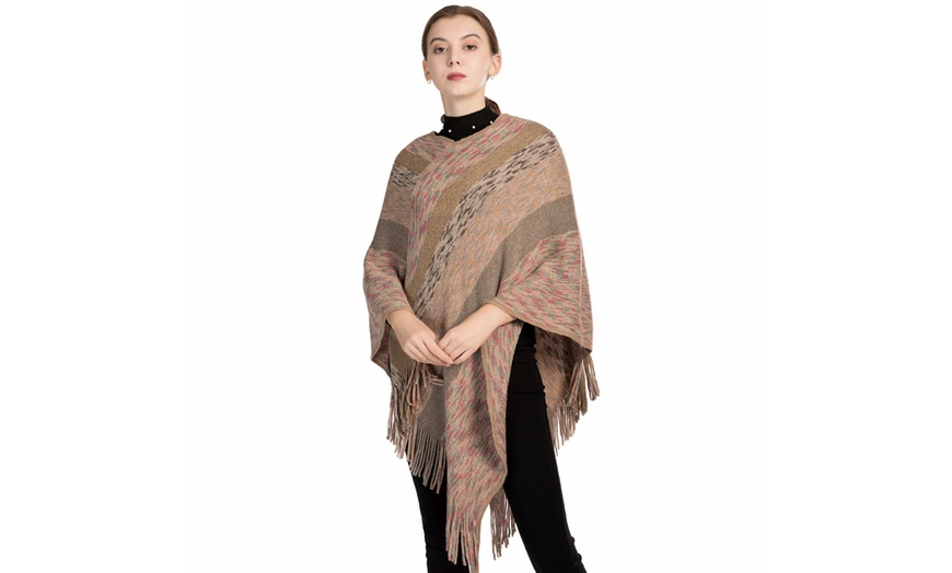 Image 3: Women's Striped Cable Knit Poncho Sweater with Fringed Hems