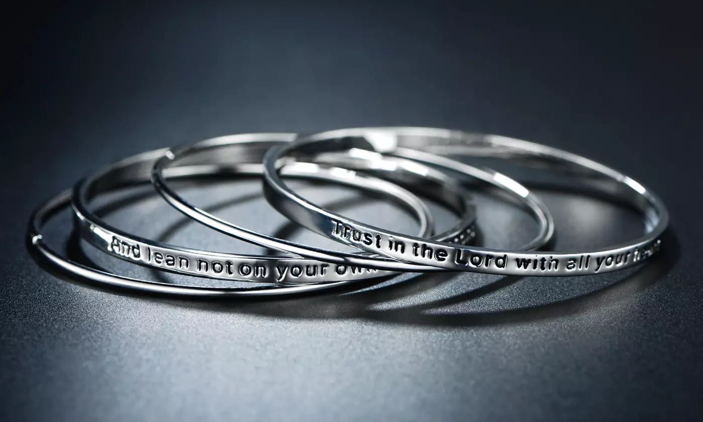 Rhodium Plated 'Trust in the Lord' Bangle Set - Second Medium