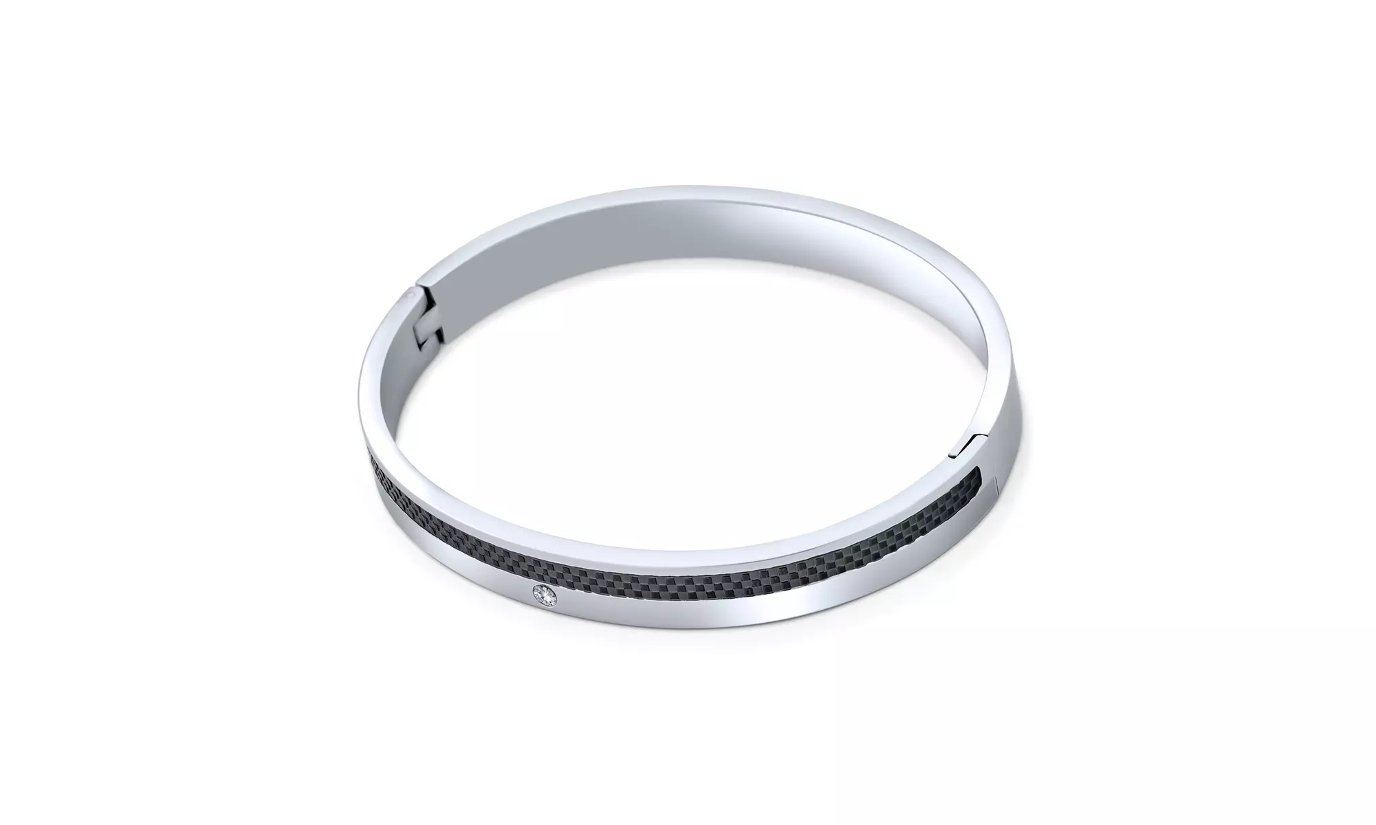 Black Carbon Fiber CZ Cuff Bangle Bracelet Silver Tone Stainless Steel - Primary Image