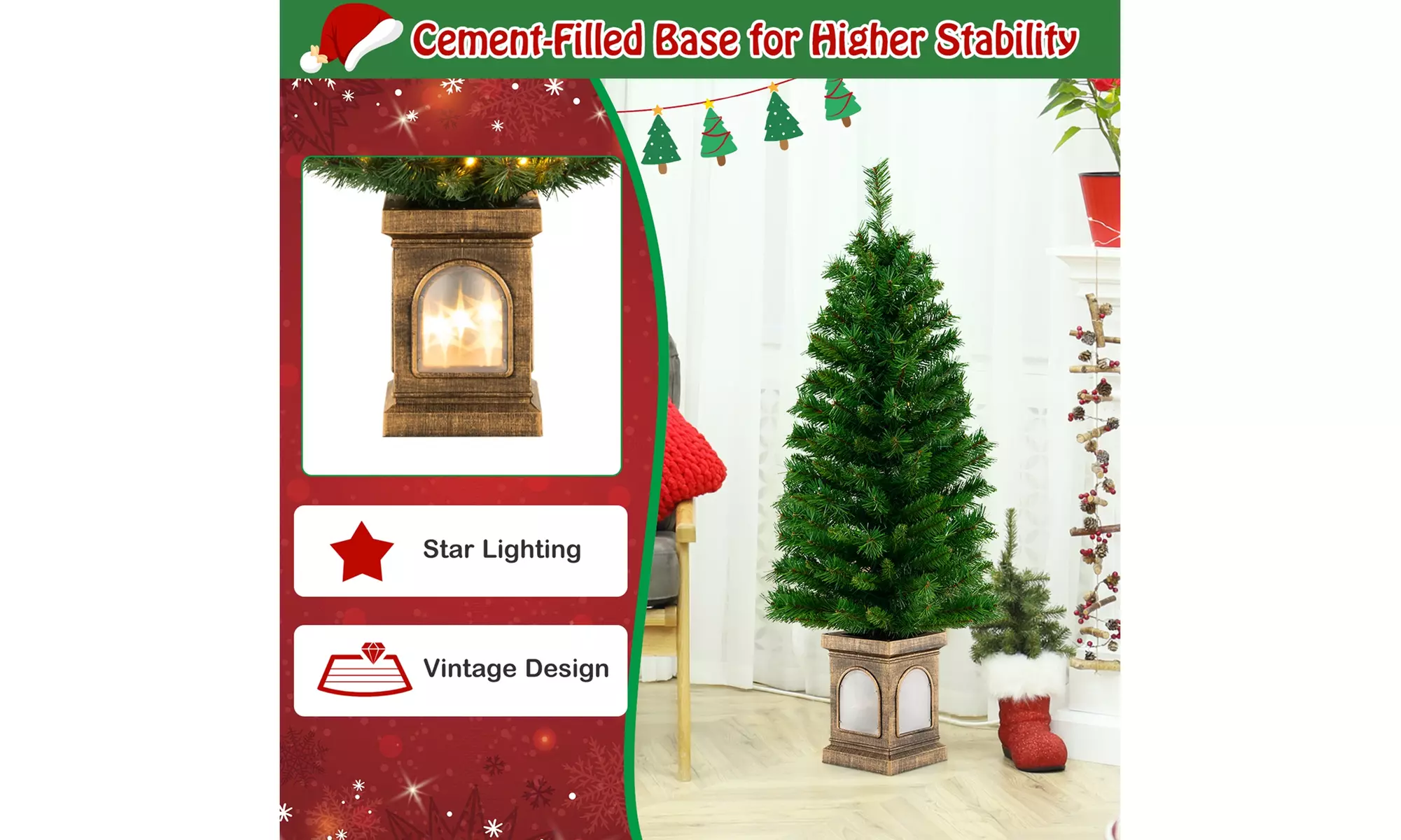 Costway 4 FT Pre-Lit Potted Christmas Tree Artificial Decor 3 Lighting Modes