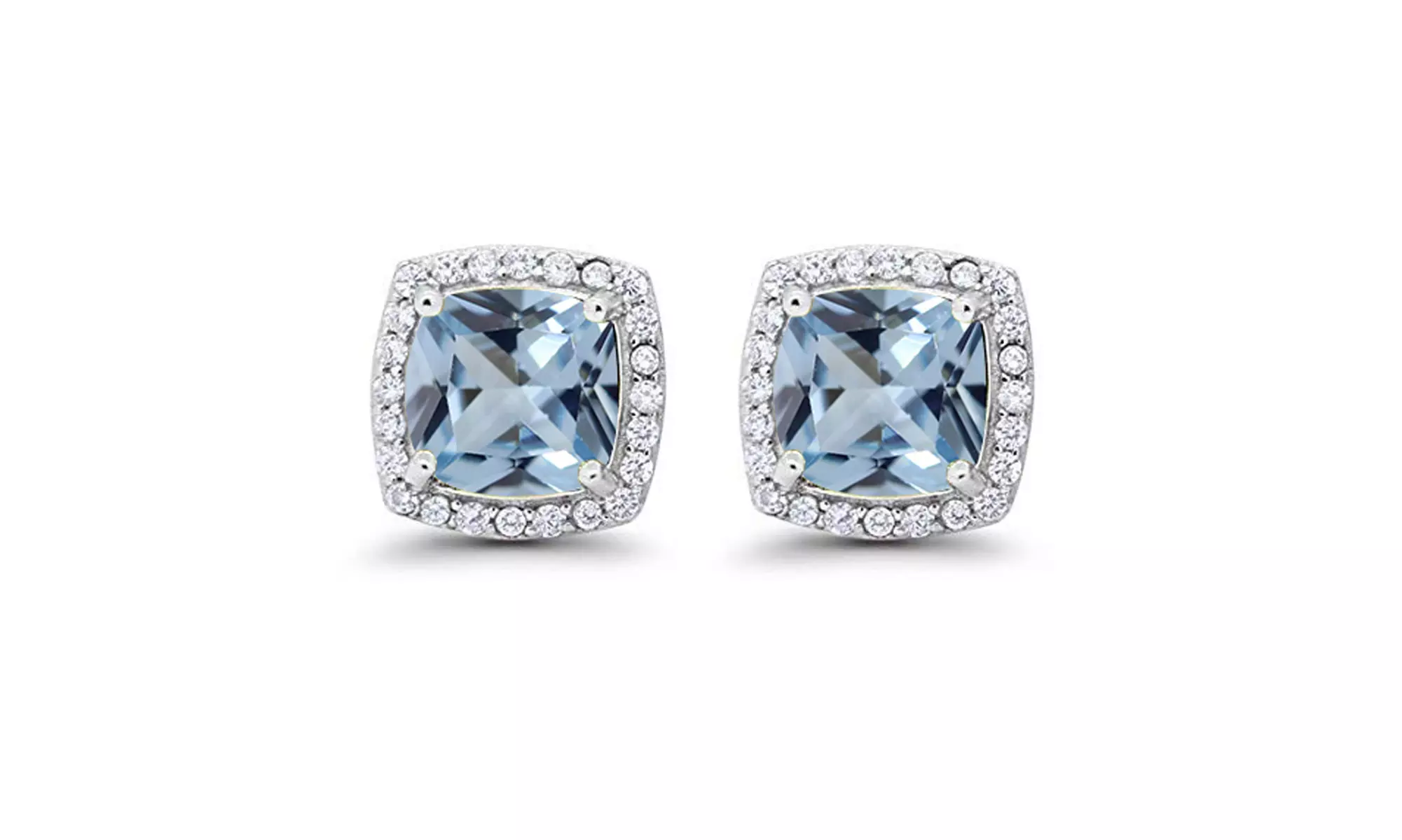 Paris Jewelry 18k White Gold Plated Created Princess Aquamarine Halo Earrings