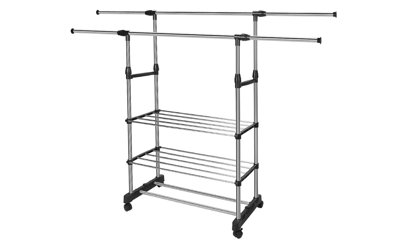 NewHome Extendable Double Rail Rolling Clothes Garment Hanging Rack w/ 3 Shelves