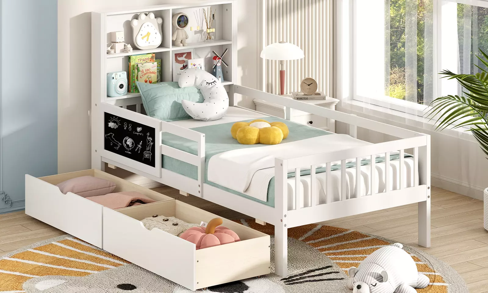 Costway Twin/Full Size Bed Frame with Two Drawers Bookcase and Blackboard - Primary Image
