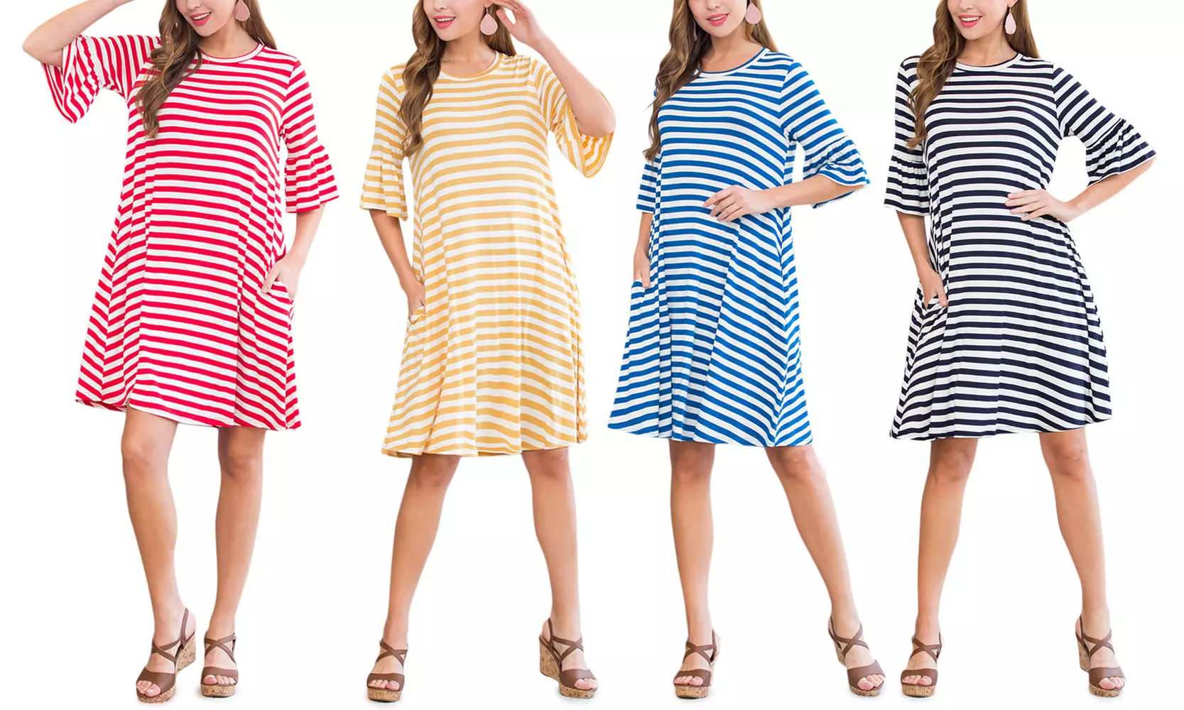Riah Fashion Women's Striped Bell Sleeved Swing Pocket Dress - Primary Image