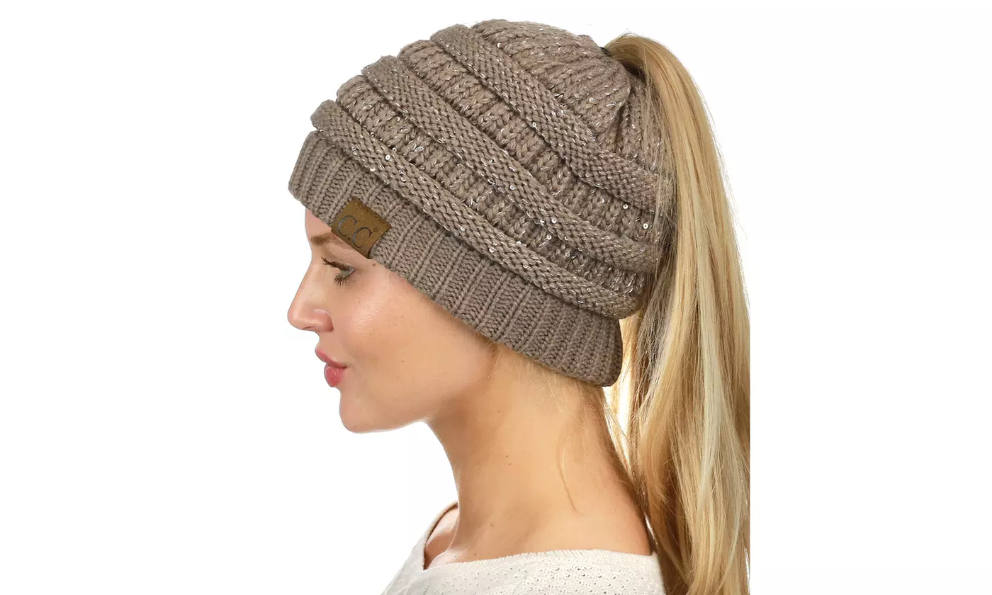 C.C Sparkly Sequin Cable Knit Messy High Bun Ponytail Beanie - Primary Image