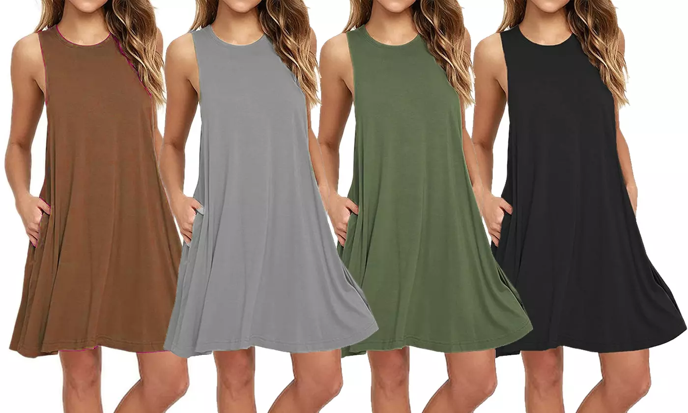 Women's Summer Casual Swing T Shirt Dresses Plain Tank Dress with Pockets - Primary Image