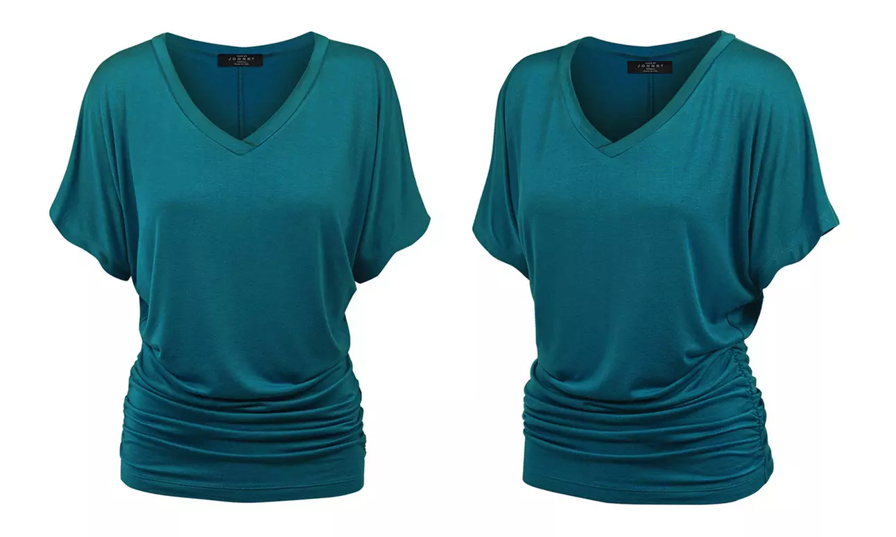 Made by Johnny Womens Solid Short Sleeve V-Neck Dolman Top with Side Shirring