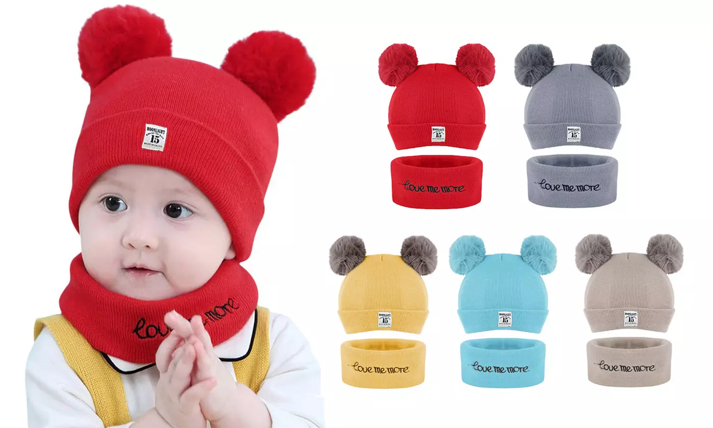 Newborn Infant Baby Winter Warm Knit Bobble Beanie Hat with Scarf Set - Primary Image