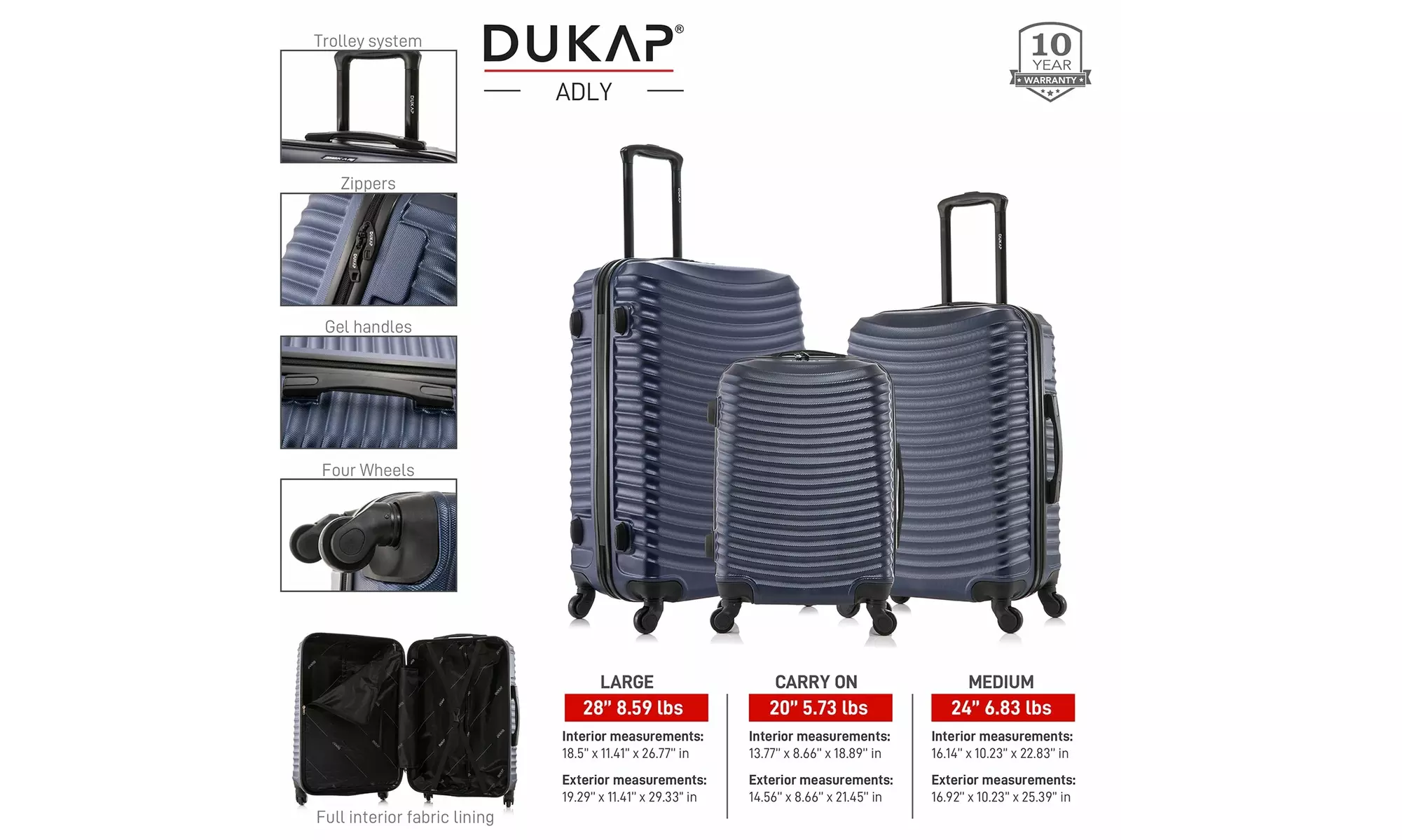 DUKAP Adly Lightweight Hardside Spinner 3 Piece Luggage Set 20"/24"/28"