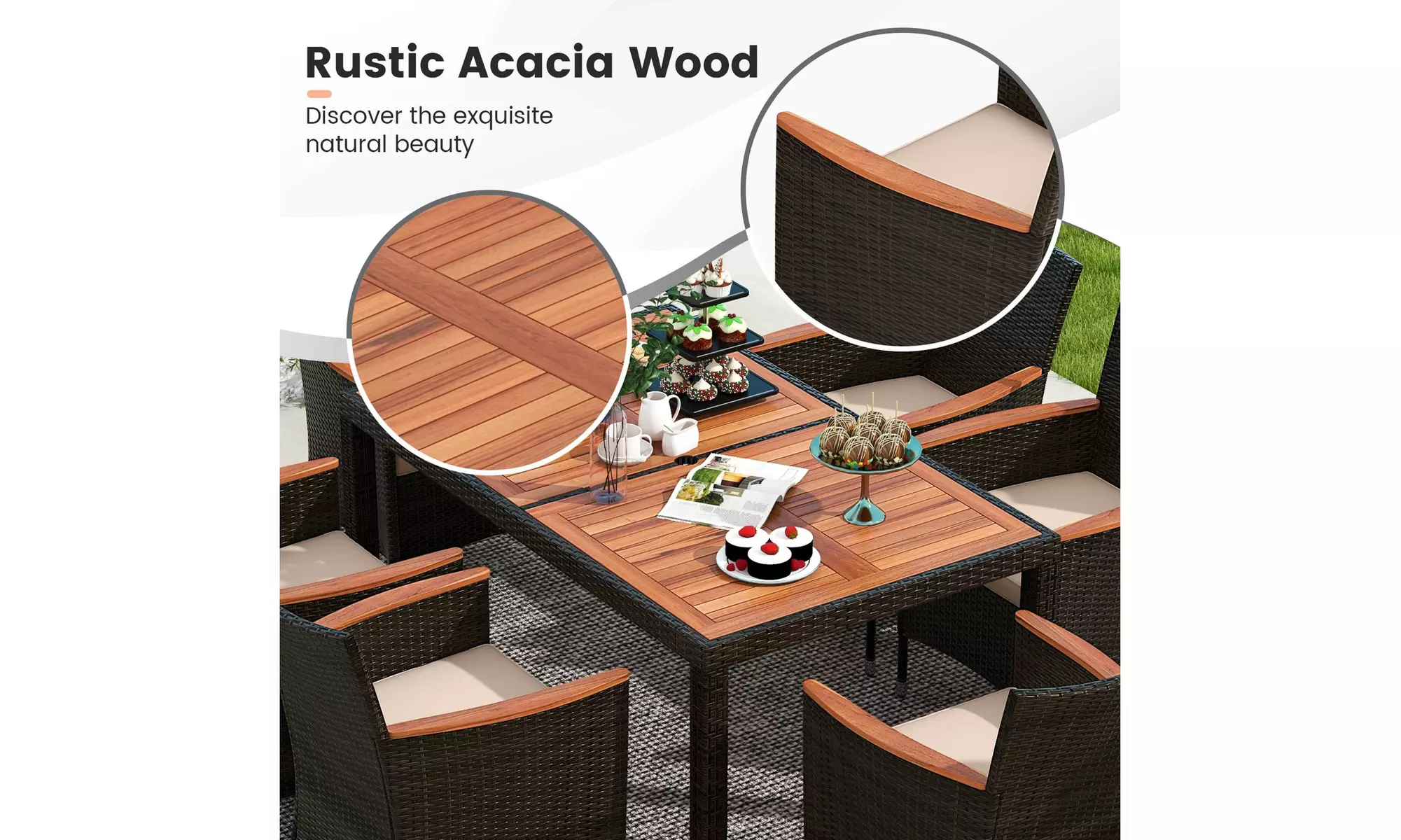 Costway 7 Pieces Outdoor Wicker Dining Set with Acacia Wood Table and 6 Chairs