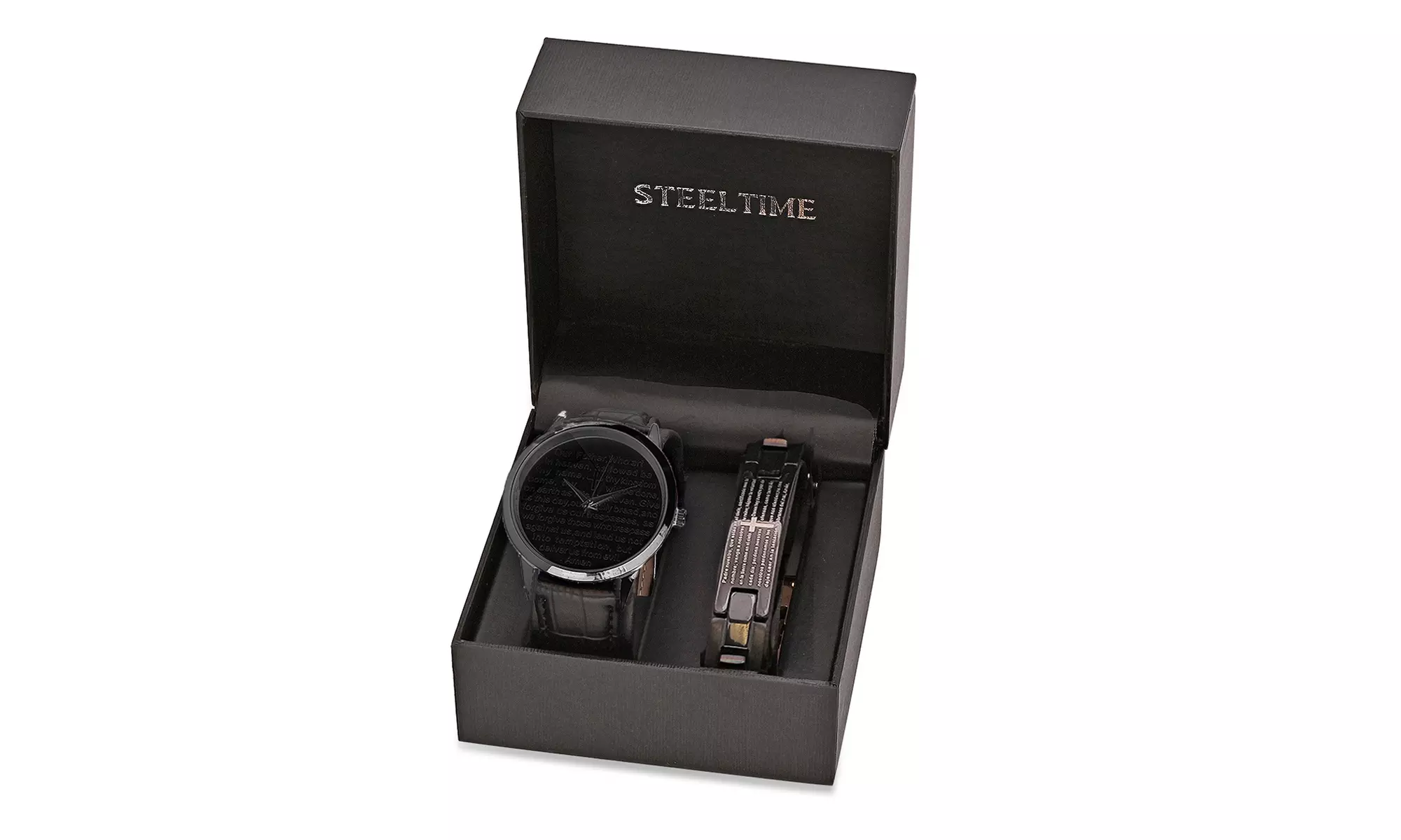 Men's  Leather And Black IP Our Father Prayer Watch Sets By Steeltime - Primary Image