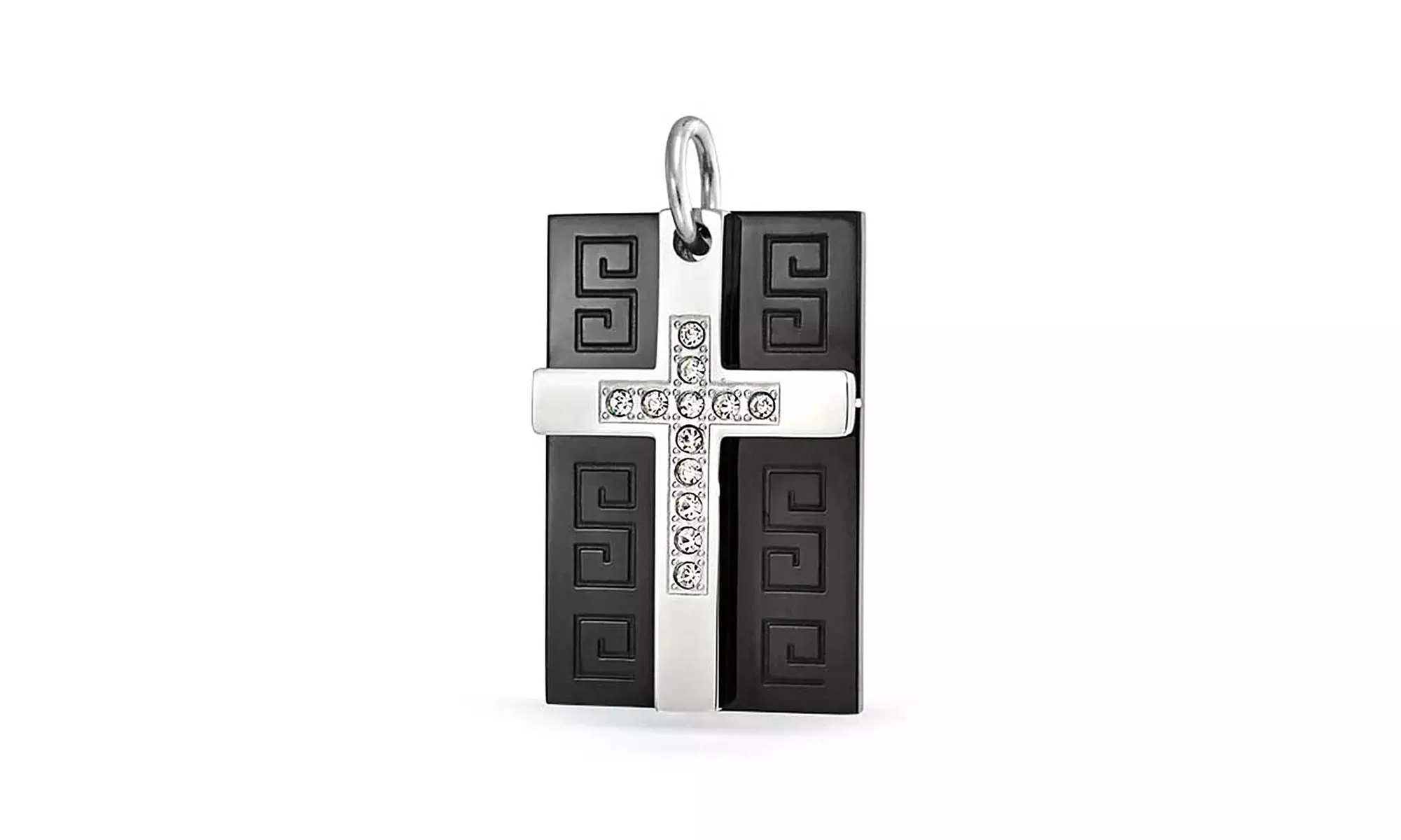 Bling Jewelry Mens Stainless Steel CZ Greek Key Black Dog Tag Pendant - Primary Image