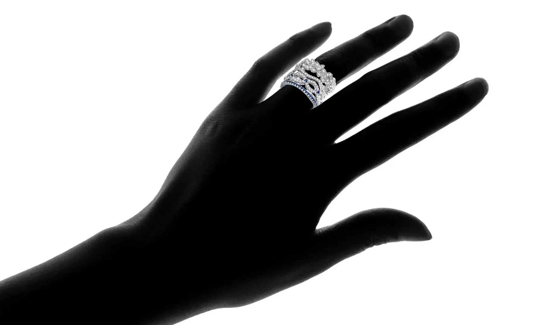 Rhodium Plated Blue and White Sapphire Ring Set (Stackable)