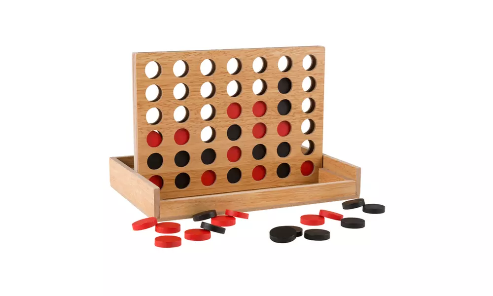 Classic Four in a Row Game Wooden Travel Board Game - Adults, Kids, Boys & Girls - Primary Image