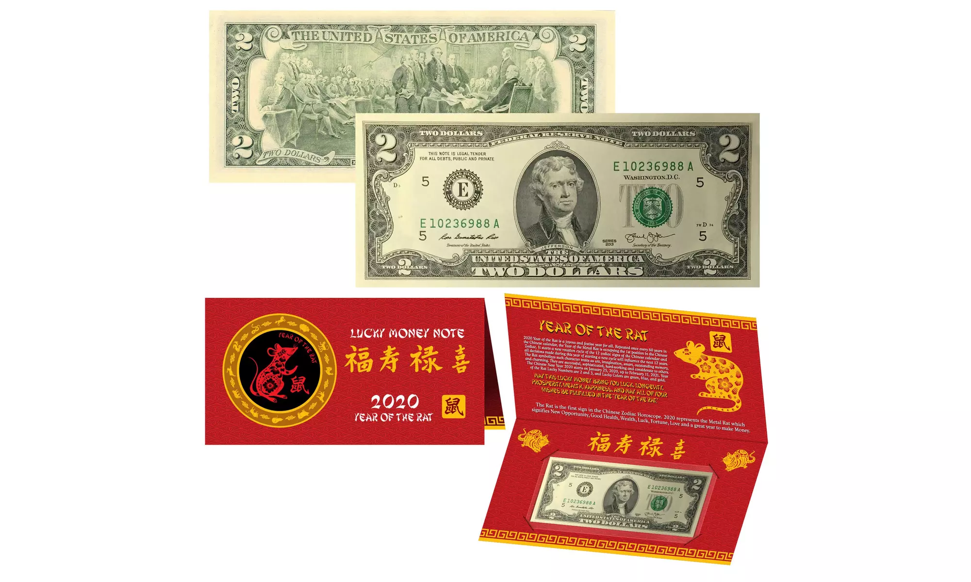 2020 CNY Chinese YEAR of the RAT Lucky Two-Dollar Bill w/ Red Folder S/N 88 - Primary Image