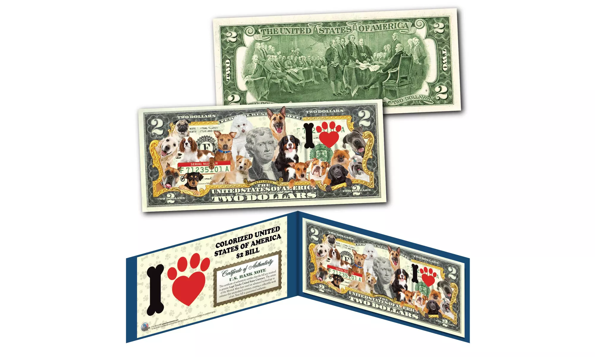 I LOVE DOGS Official Genuine Legal Tender U.S. Two-Dollar Bill
