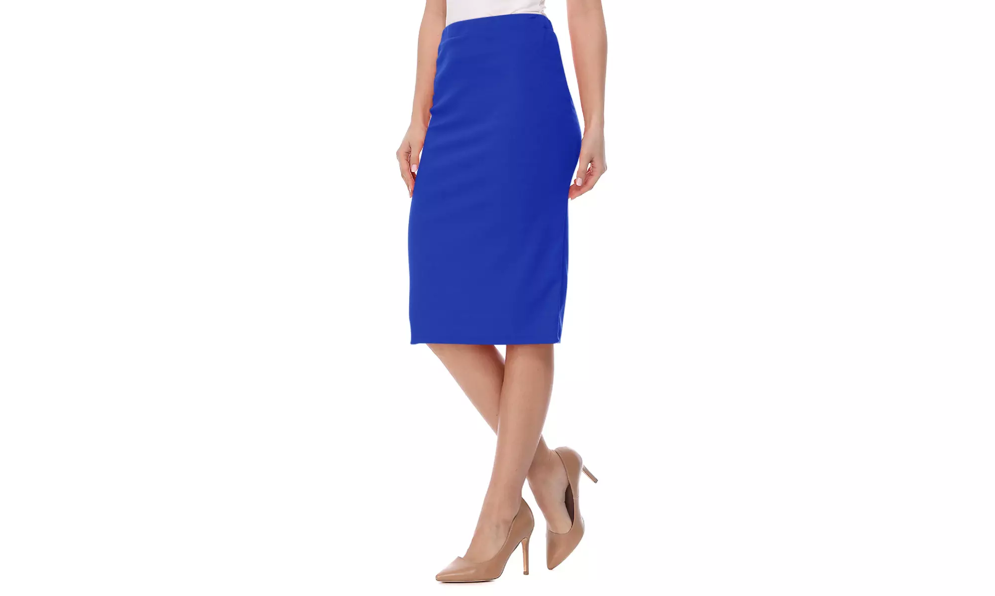 Women's Elastic High Waist Stretch Comfy Office Work Wear Solid Midi Skirt S-3XL