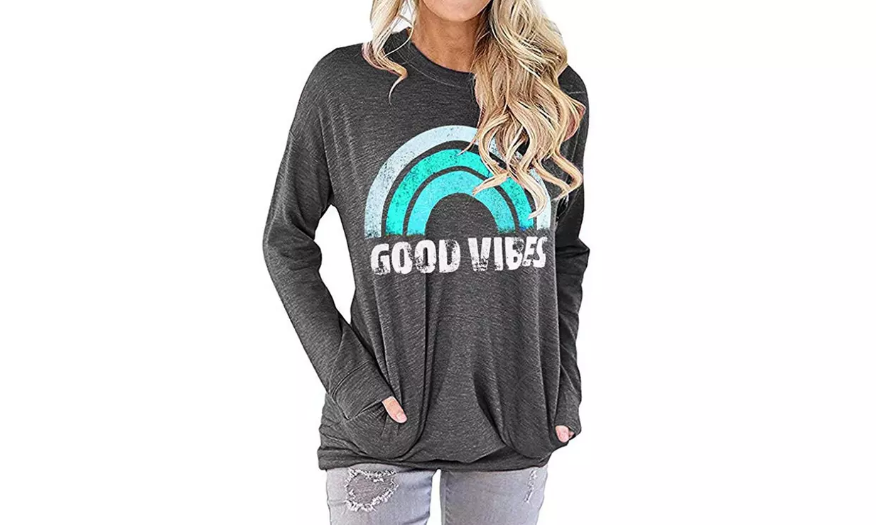 Women Hedging Comfy Long Sleeve Blouse Crewneck Rainbow Graphic Tunic - Second Medium