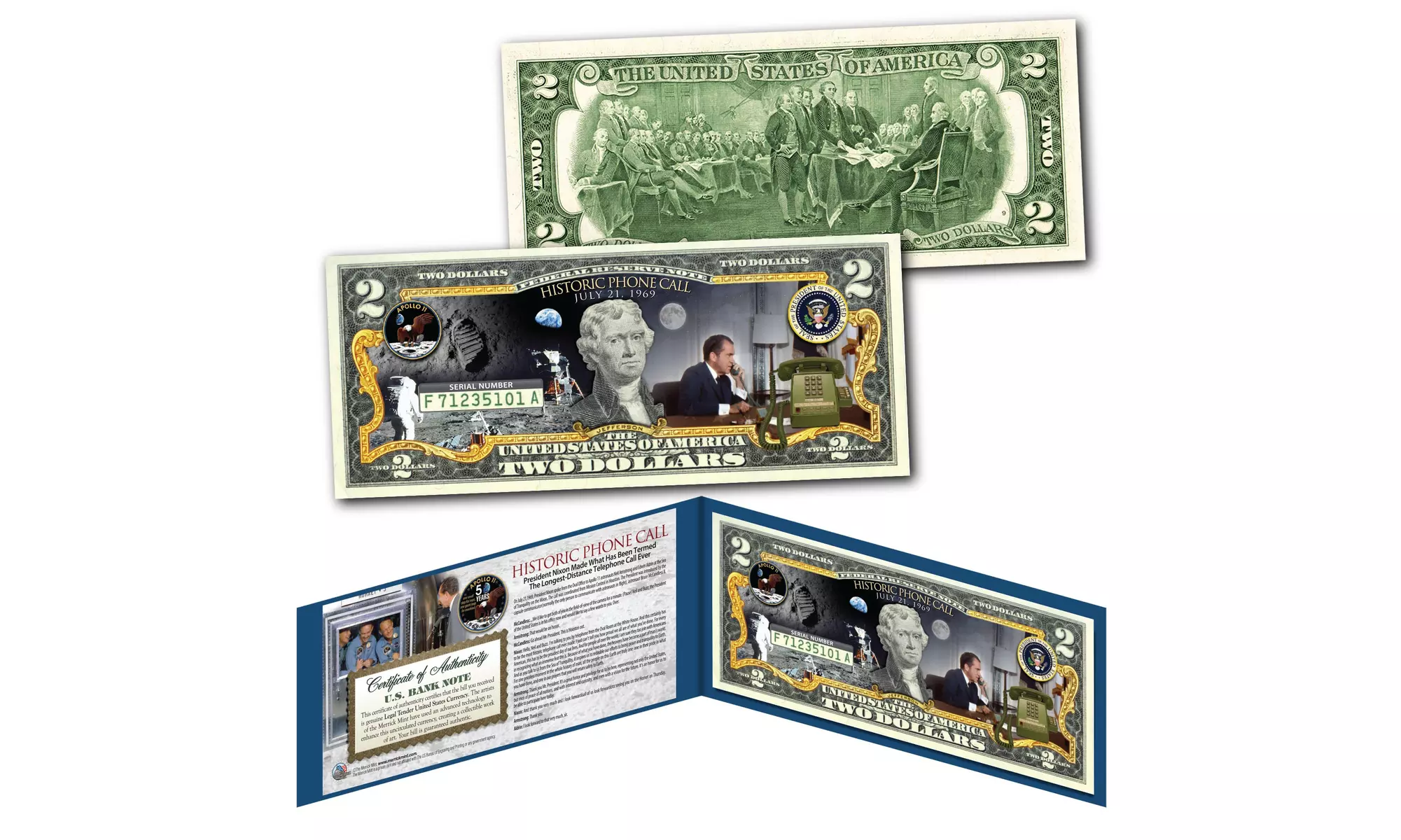 APOLLO 11 1st Man on Moon President Nixon makes Historic Call US Two-Dollar Bill - Primary Image