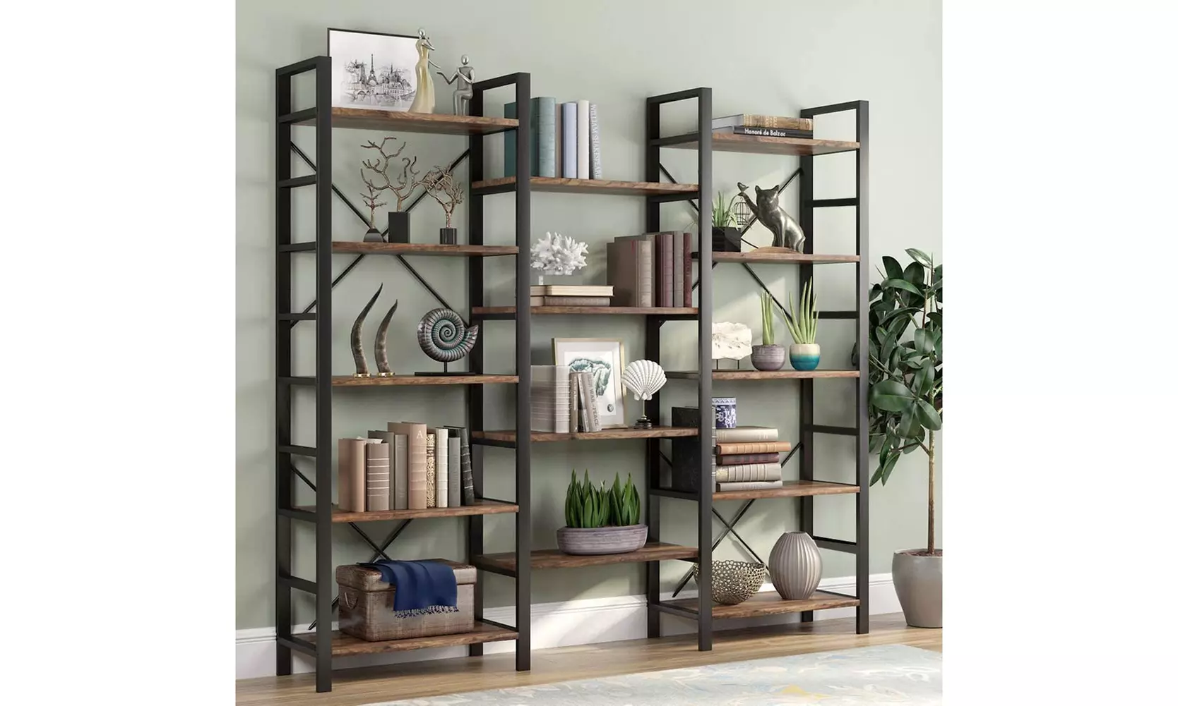 Triple Wide 5-Shelf Bookcase Wood and Metal bookcases Furniture for Home &Office - Primary Image