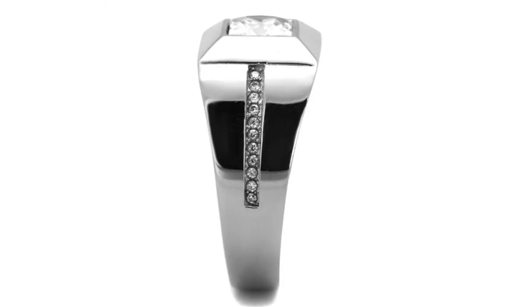 Mens Stainless Steel and Cushion Cut Cubic Zirconia Flush Setting Ring