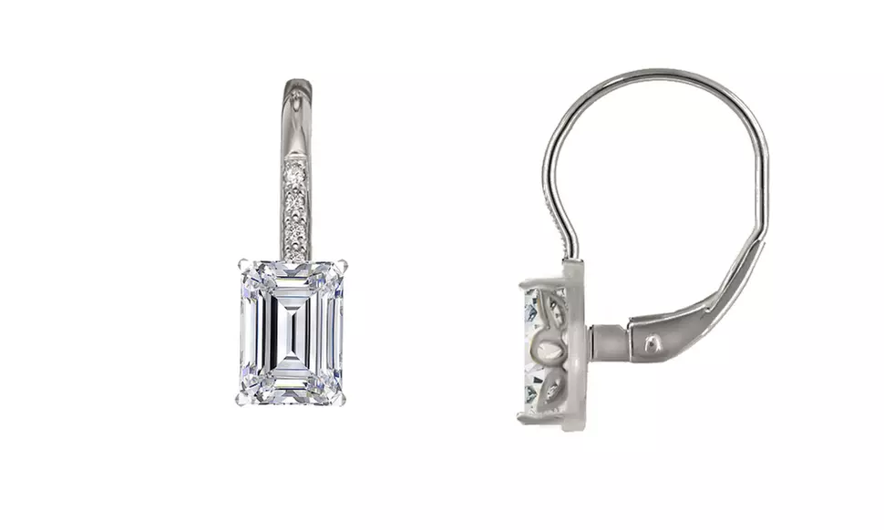 Sterling Silver Emerald Cut Leverback Earrings With Crystals By Swarovski
