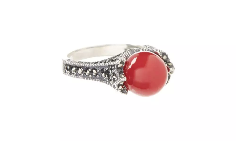 Genuine Marcasite and And Red Coral Sterling Silver Ring